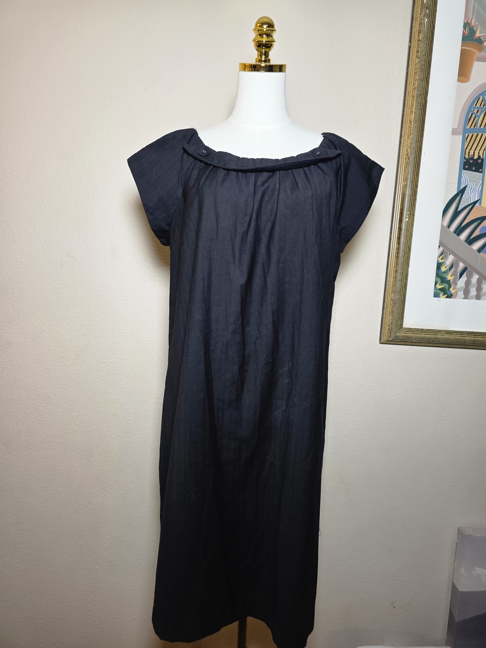 NY Collection Women's XL Black Linen Look Pleated Neck Cap Sleeve Maxi Dress